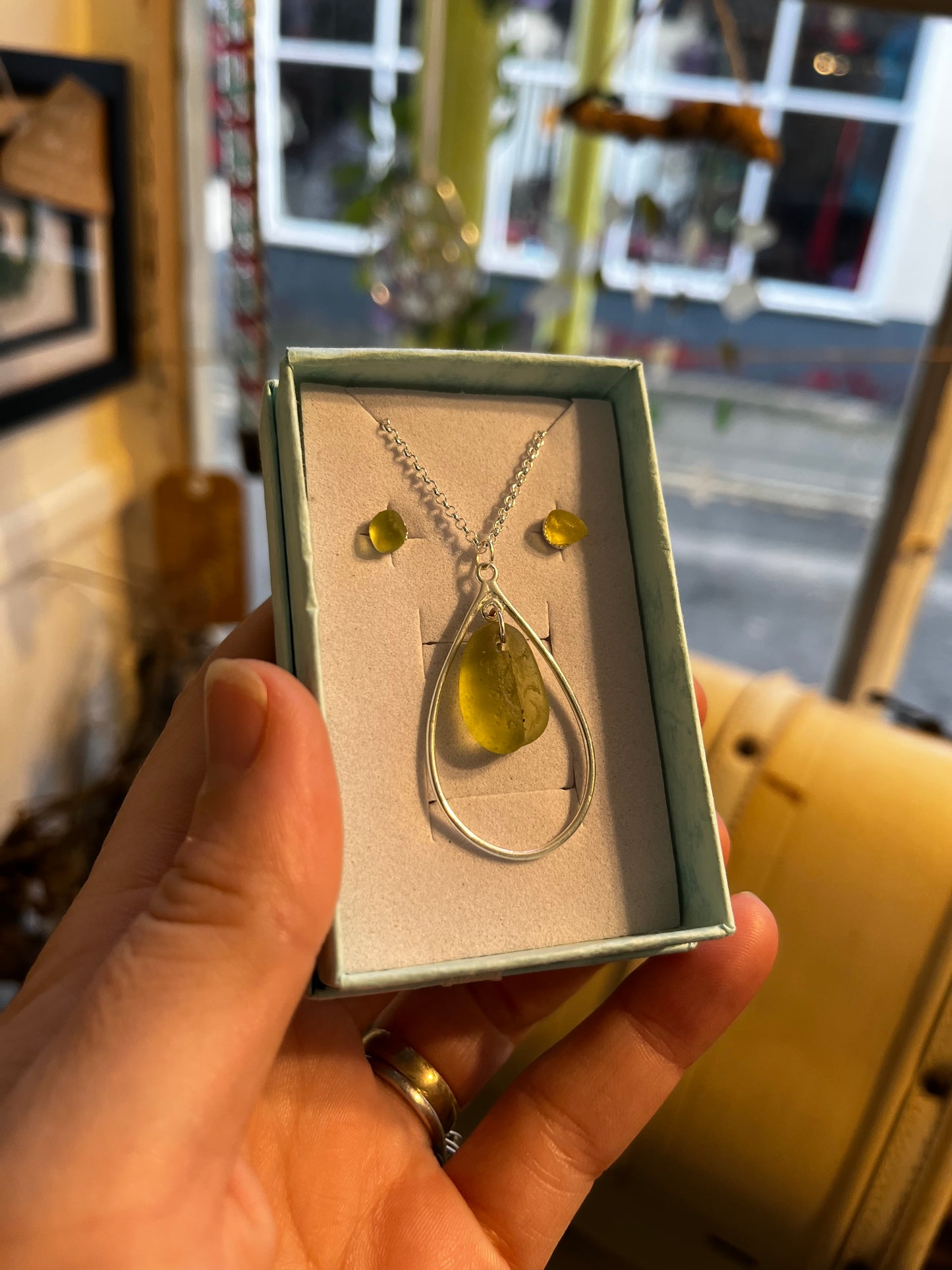Whitby Sea Glass pendant on silver teardrop with matching studs (Rare Lime)