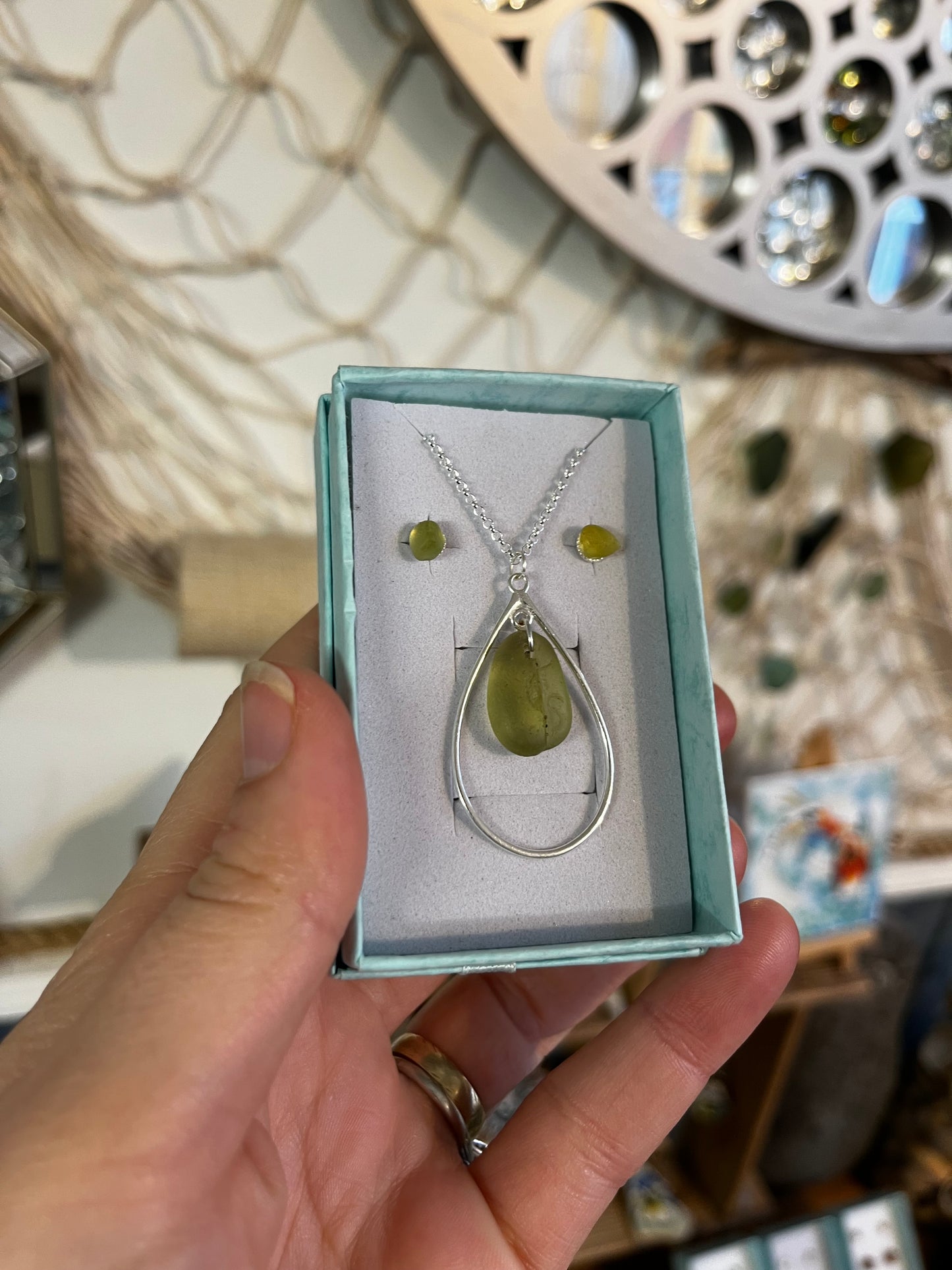 Whitby Sea Glass pendant on silver teardrop with matching studs (Rare Lime)