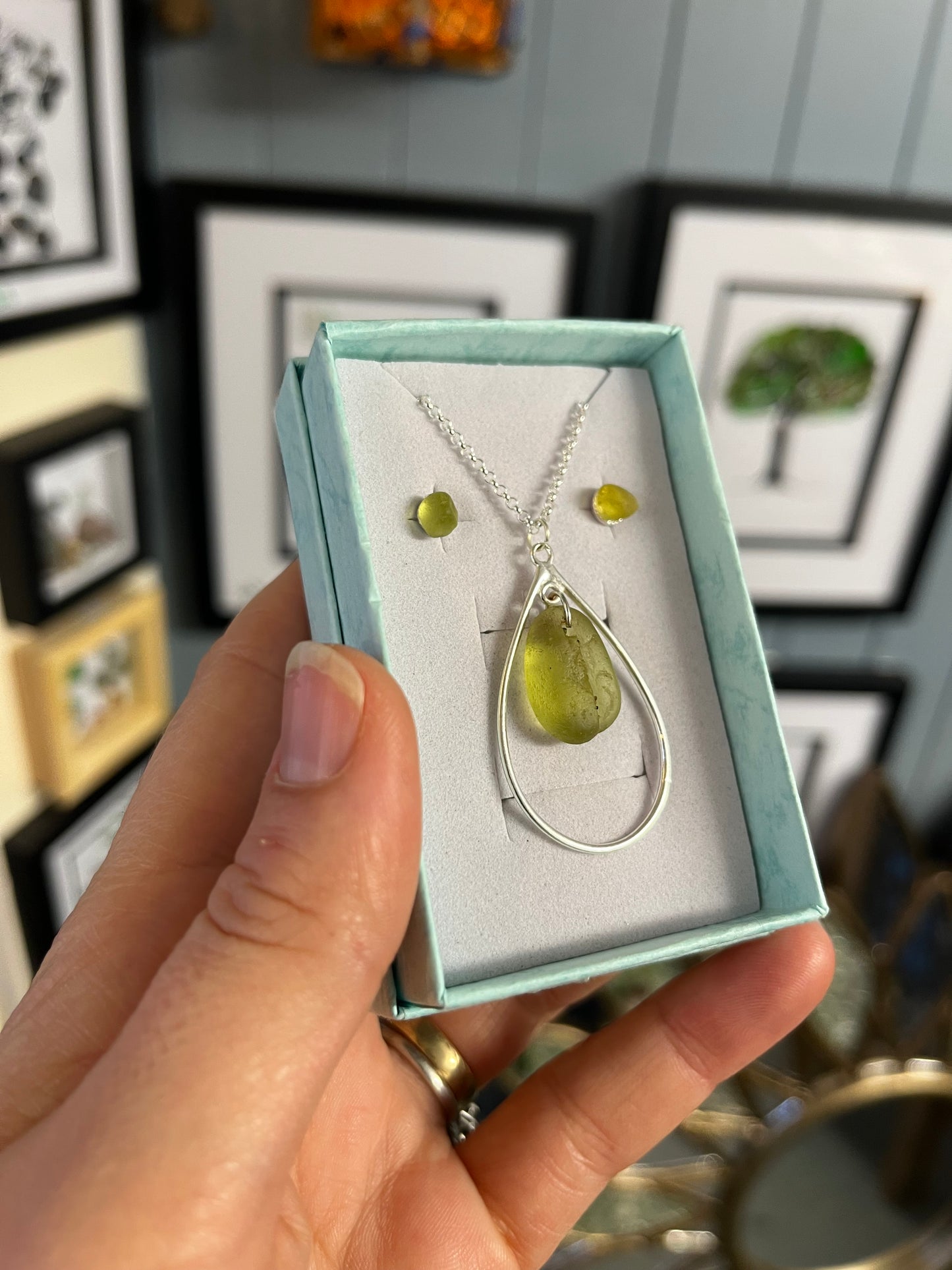 Whitby Sea Glass pendant on silver teardrop with matching studs (Rare Lime)