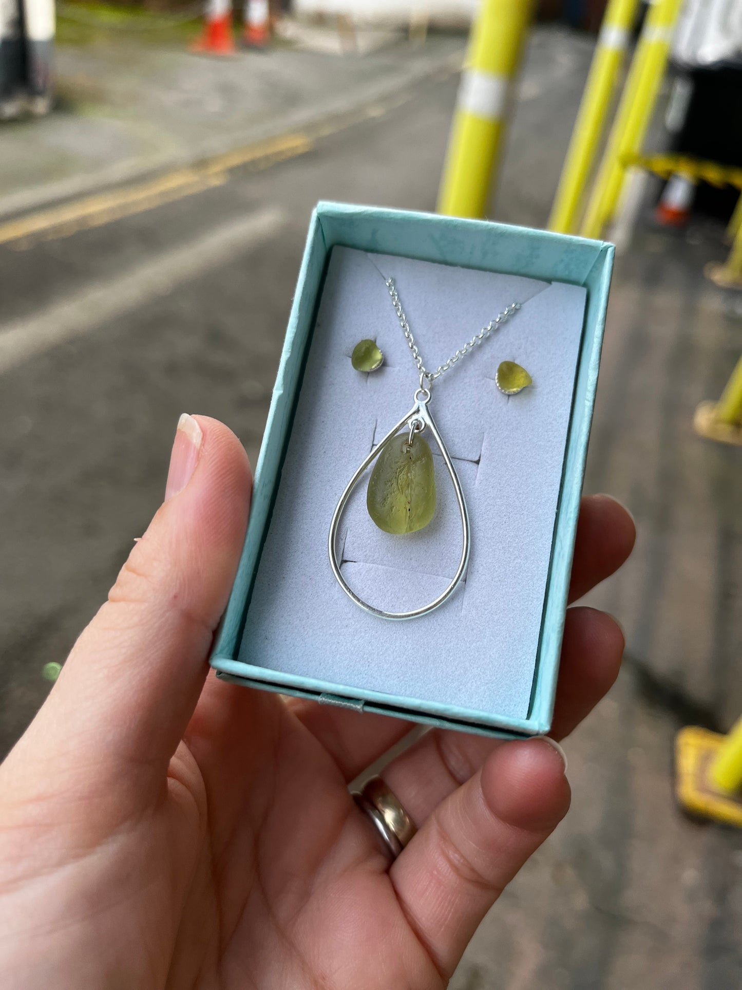 Whitby Sea Glass pendant on silver teardrop with matching studs (Rare Lime)
