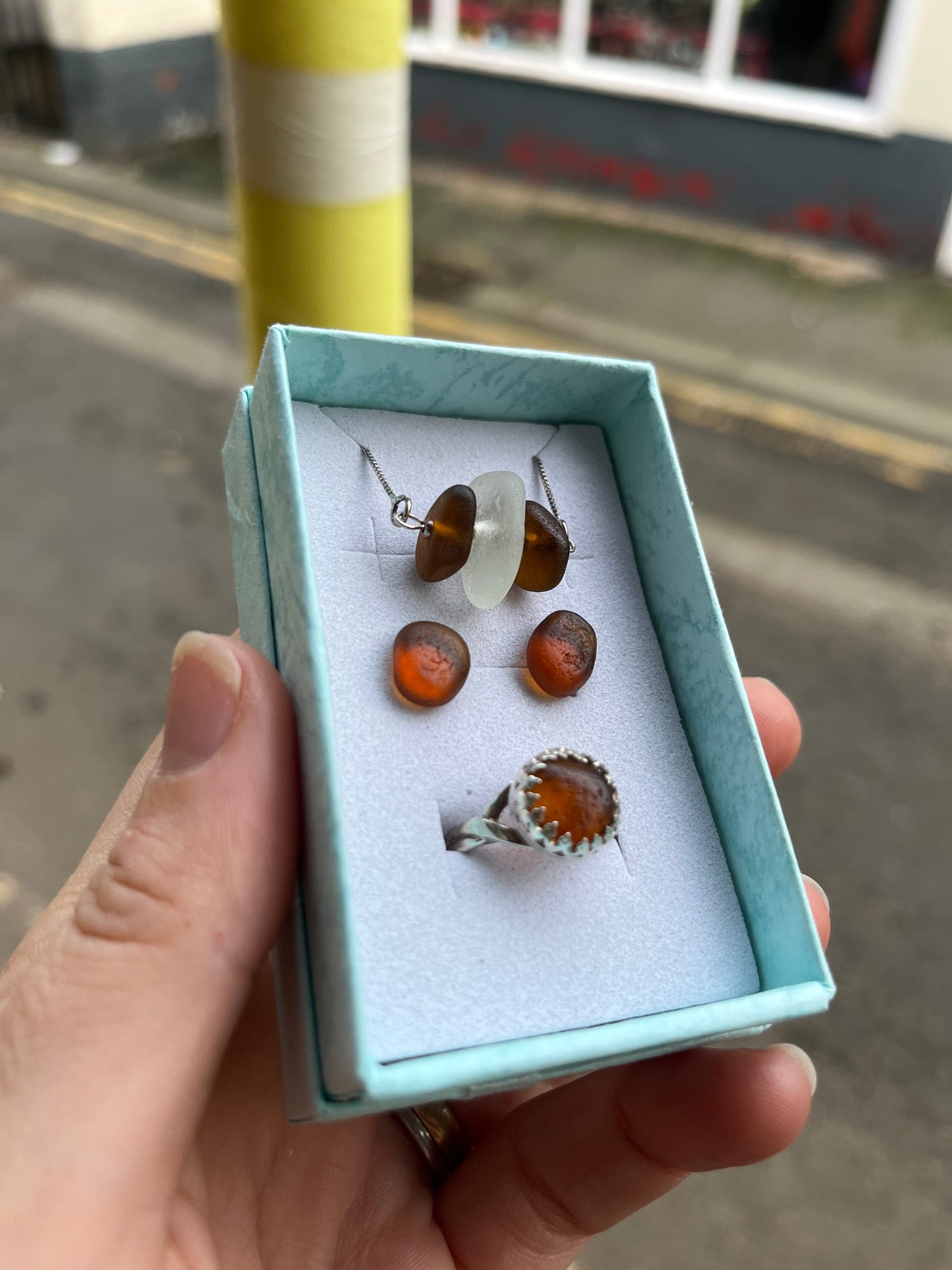 Whitby Sea Glass necklace on silver, with matching studs and ring (Brown with White)