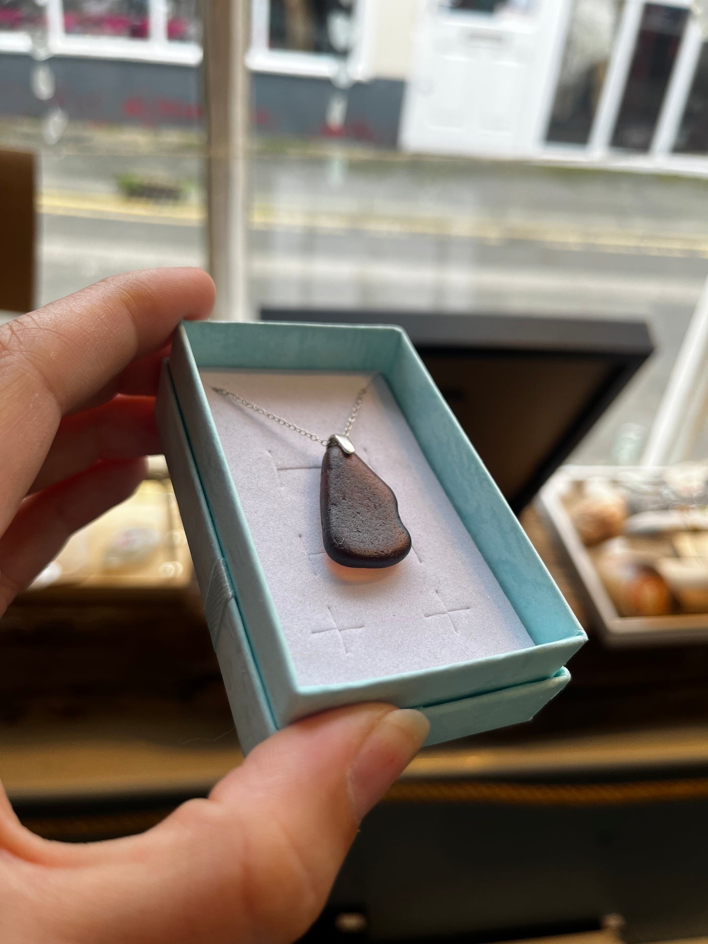 Whitby Sea Glass Pendant on Silver Chain (Burnt Umber/Brown)