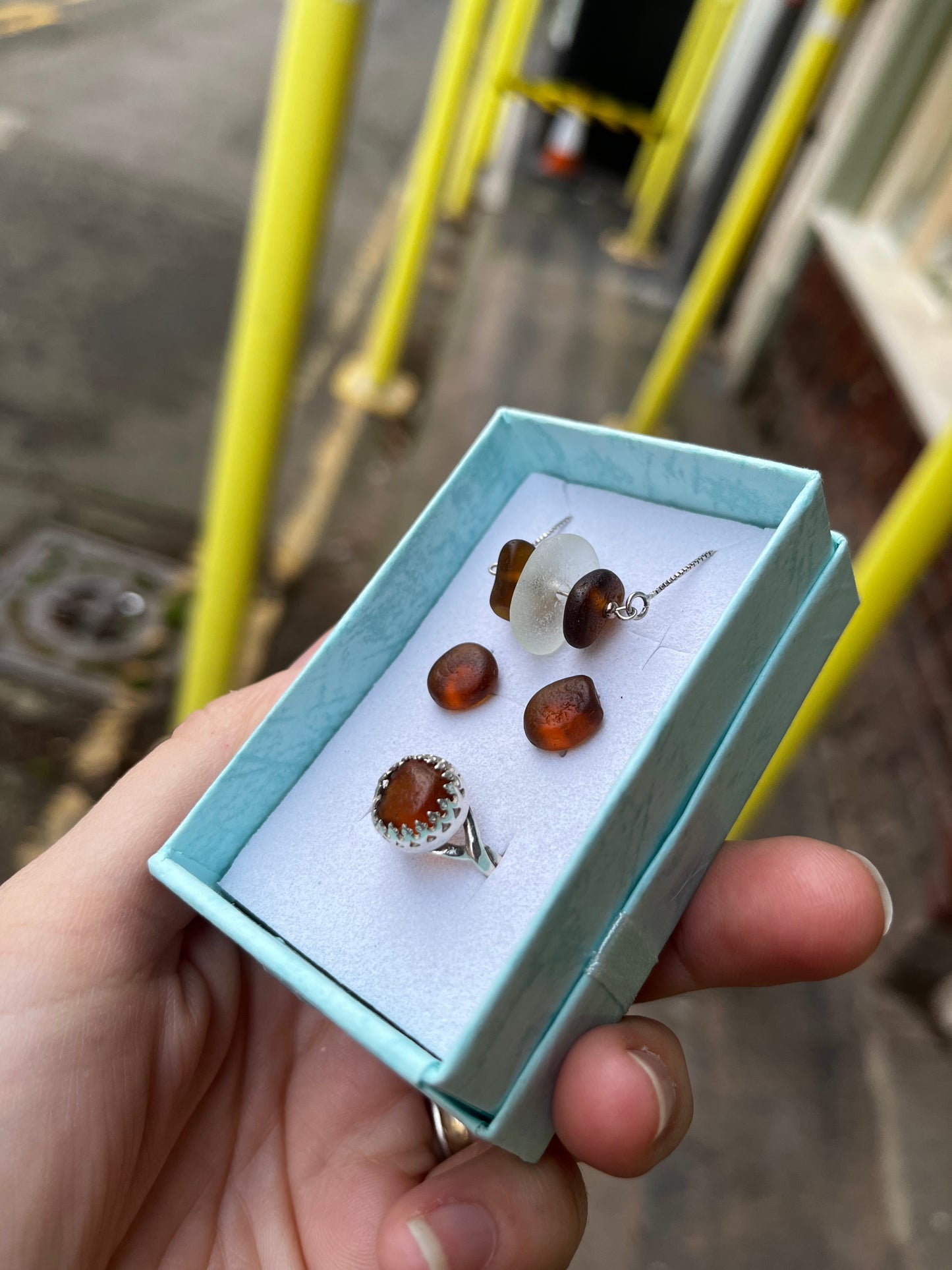 Whitby Sea Glass necklace on silver, with matching studs and ring (Brown with White)