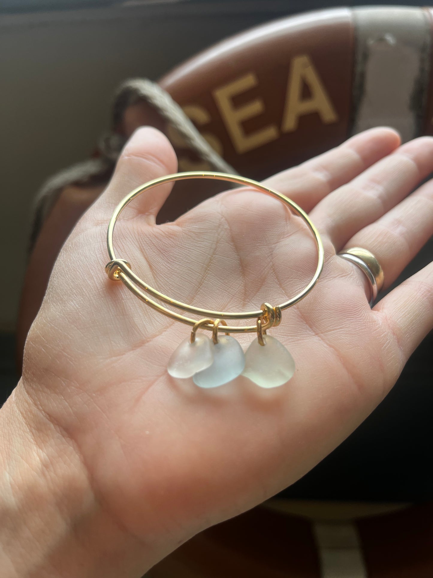 Whitby Sea Glass charms on Gold-Plated Bangle (mix)