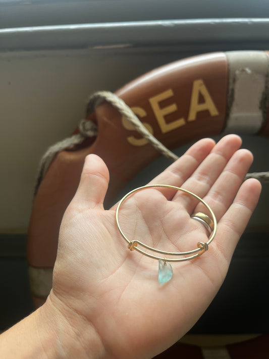 Whitby Sea Glass charm on Gol-Plated Bangle (aqua blue)