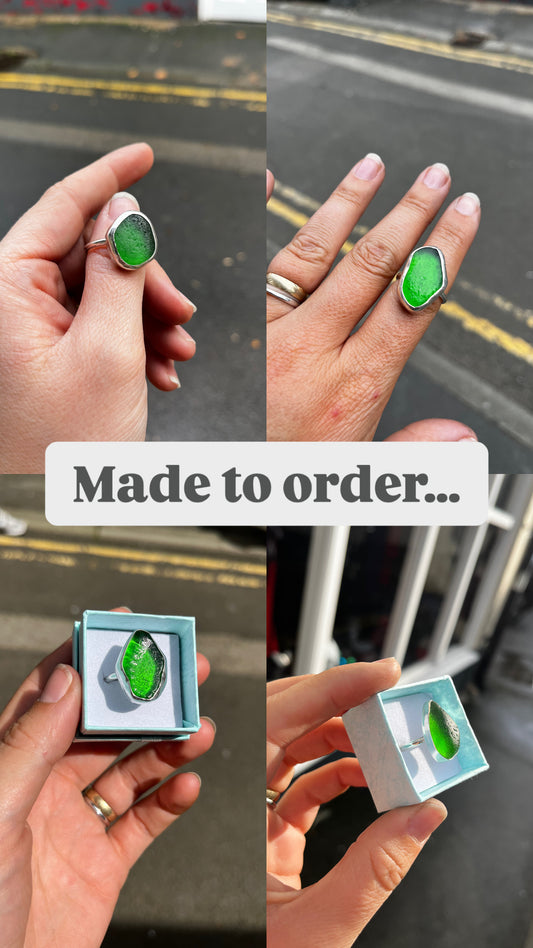 Whitby Sea Glass silver adjustable ring (chunky green) *made to order