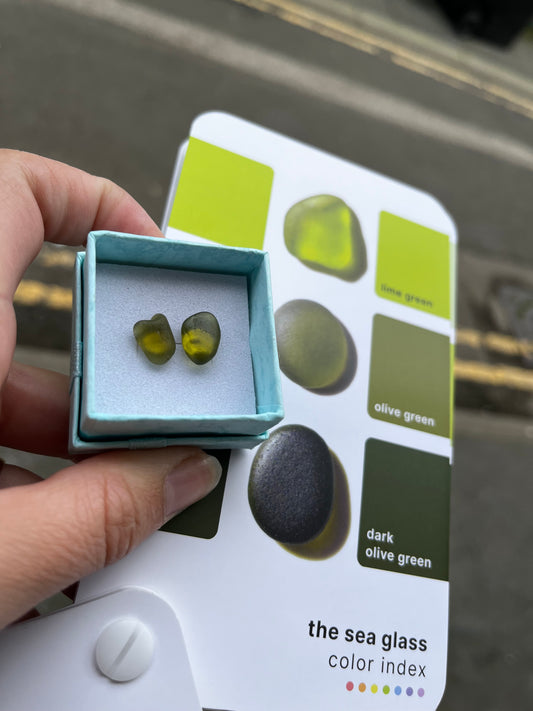 Whitby Sea Glass Studs on Silver (Olive Green)