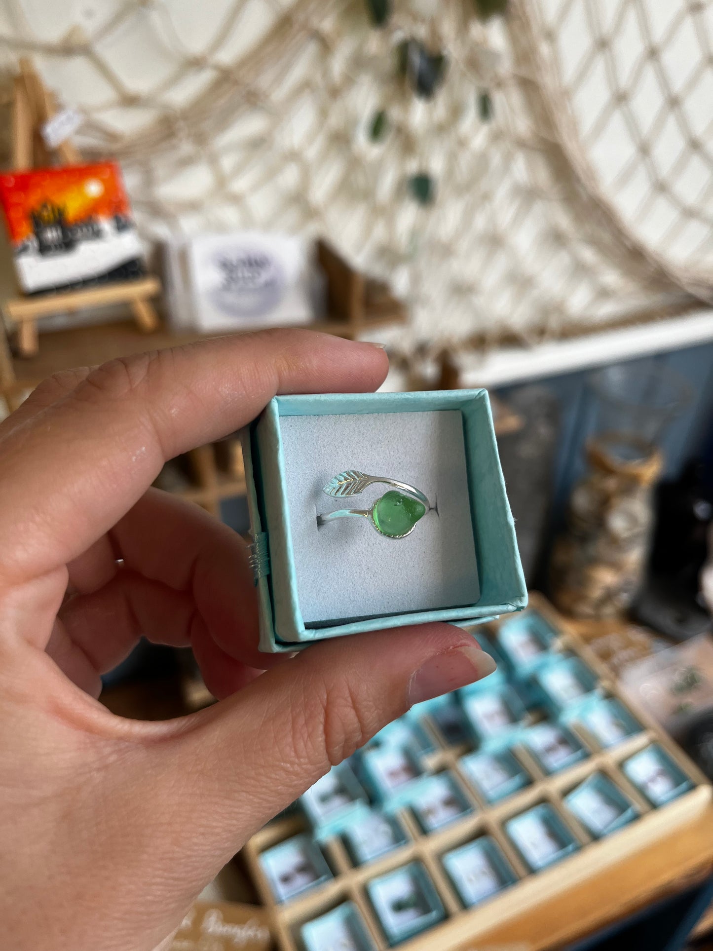 Whitby Sea Glass Silver Adjustable Ring (Green)