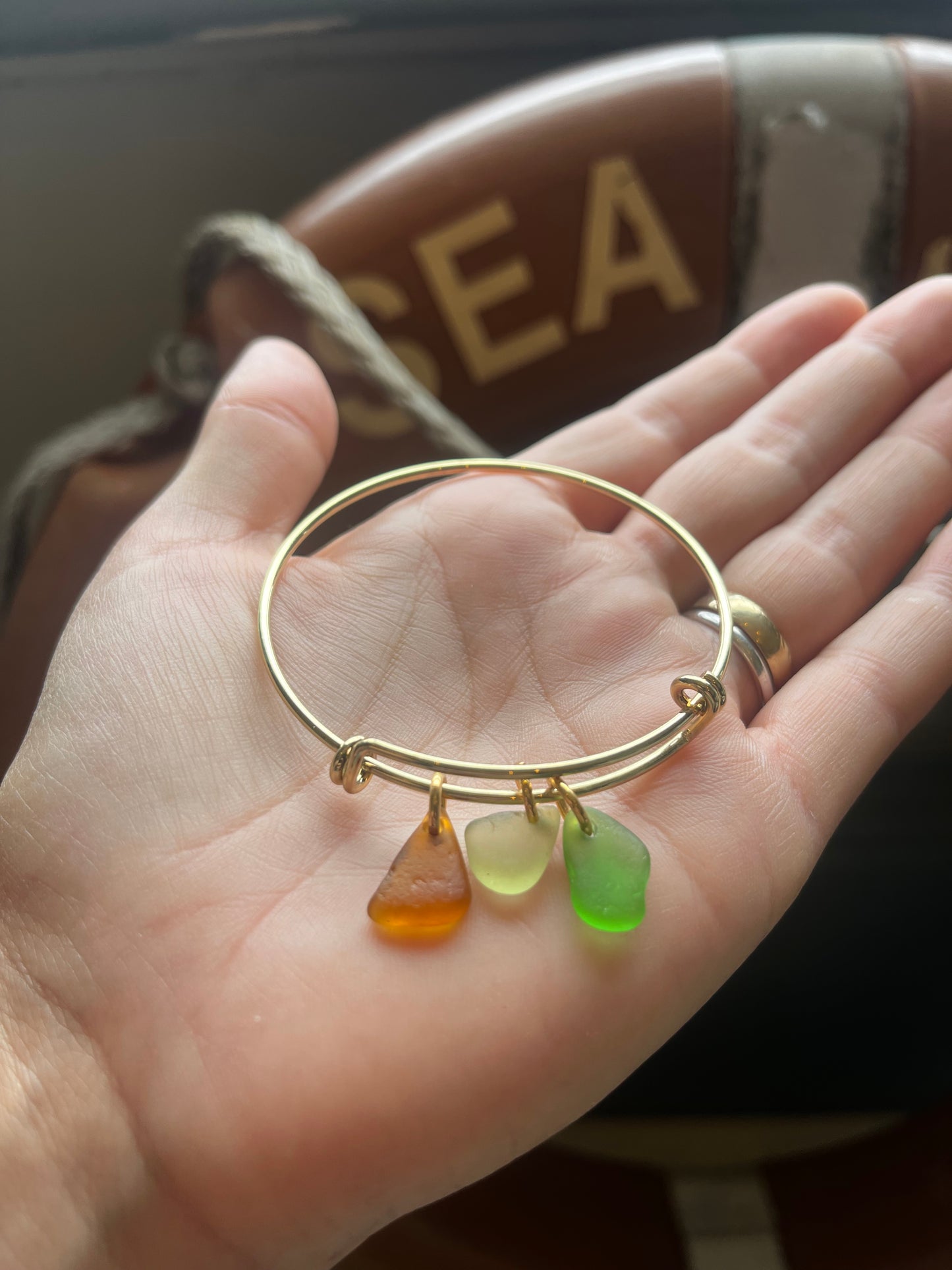 Whitby Sea Glass charms on Gold-Plated Bangle (mix)