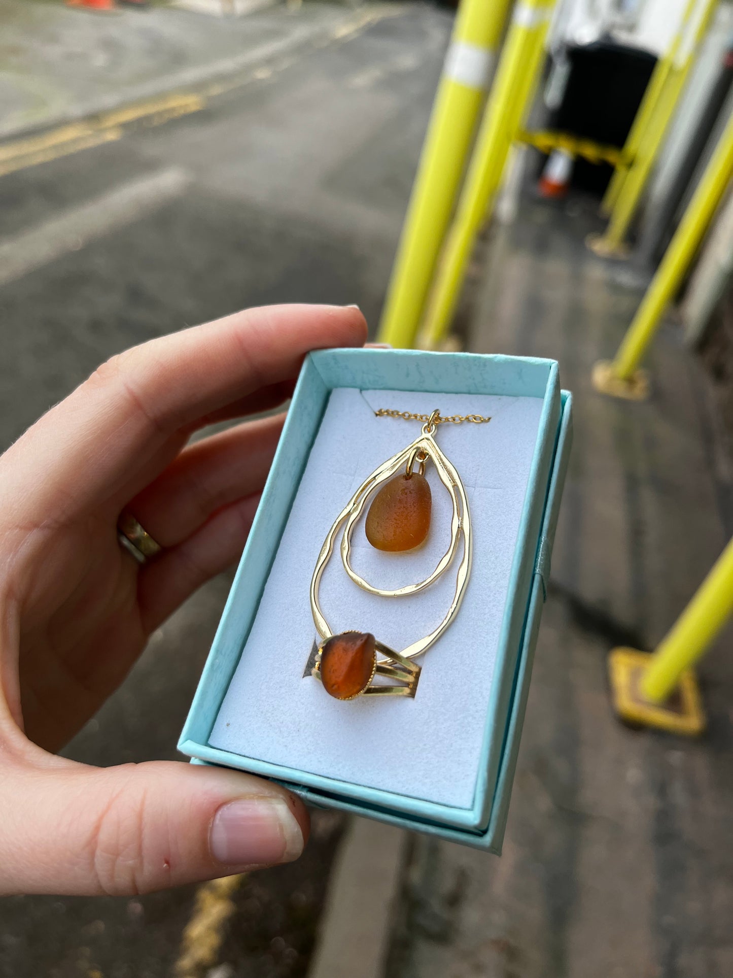 Whitby Sea Glass on gold-plated ripple pendant with matching ring (Burnt Umber)