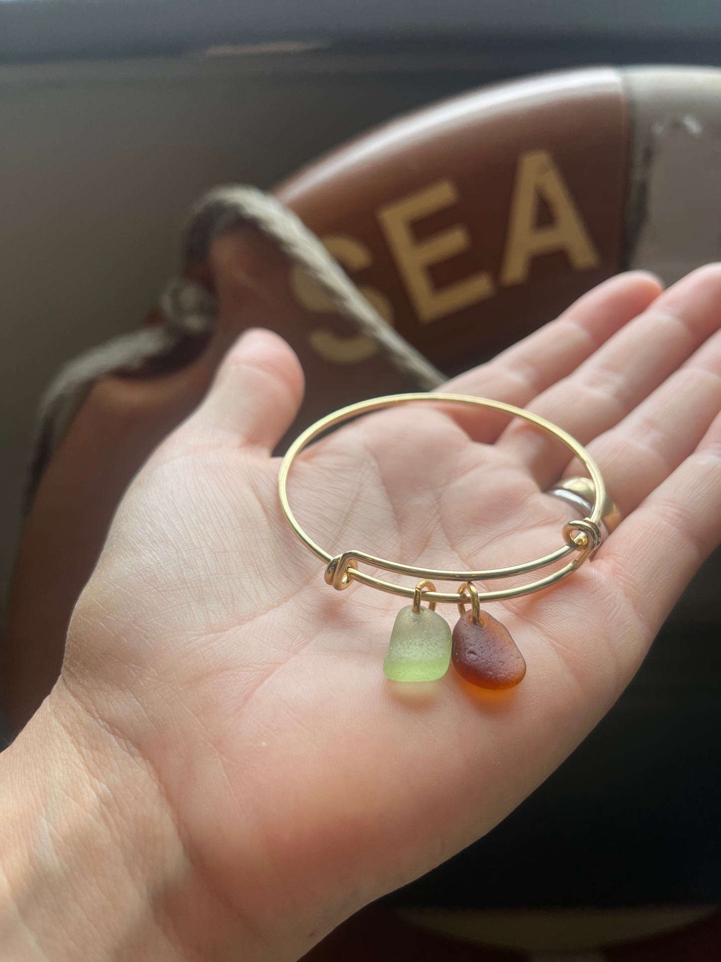 Whitby Sea Glass charms on Gold-Plated Bangle (mix)