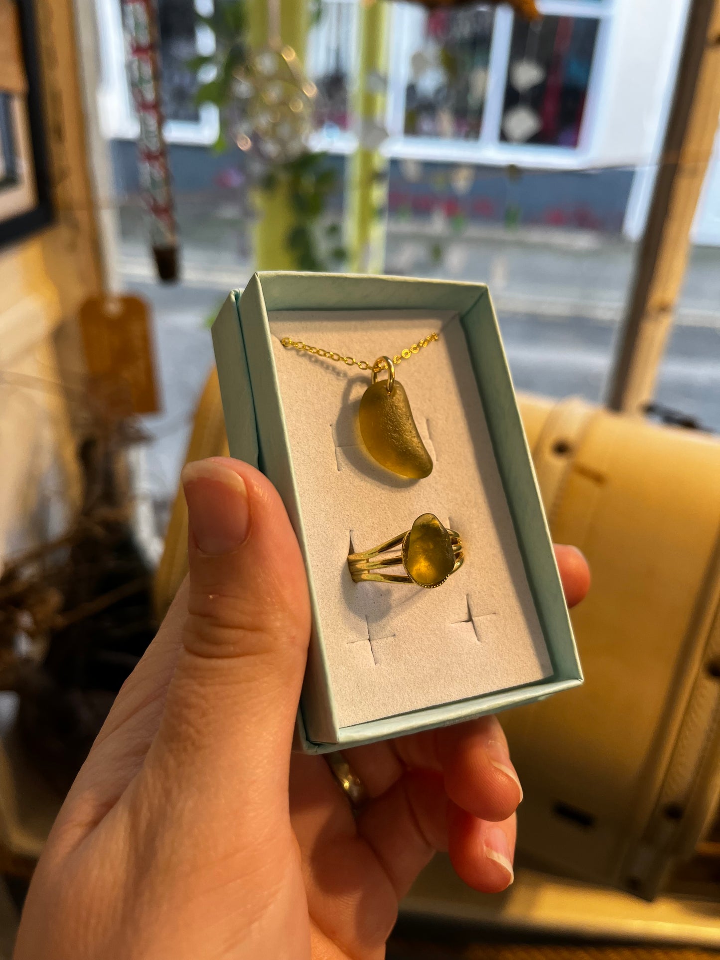 Whitby Sea Glass pendant with matching ring on gold-plated (Olive)