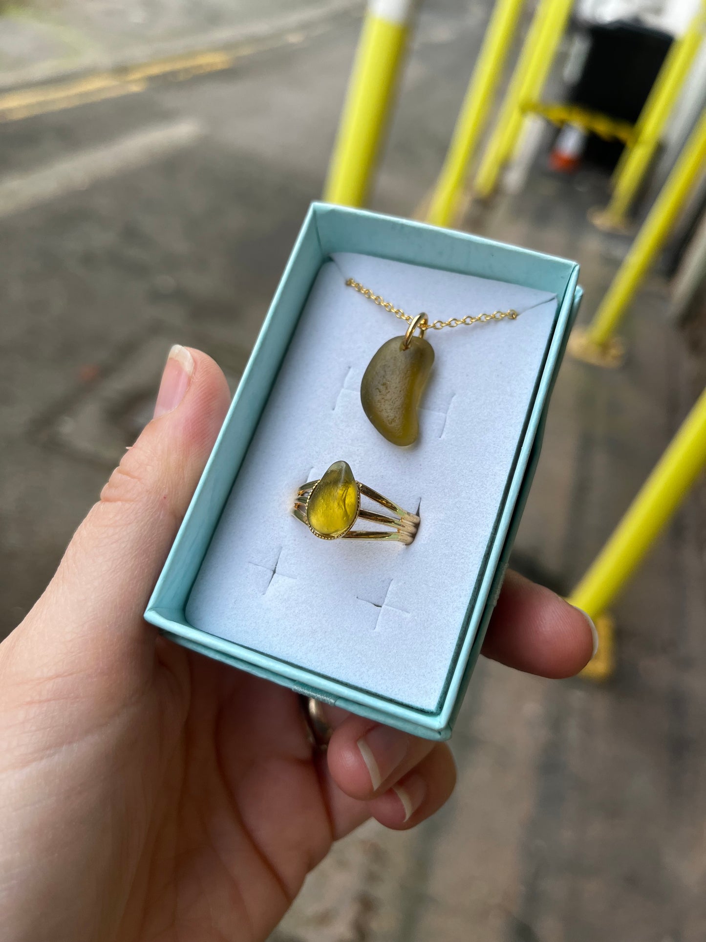 Whitby Sea Glass pendant with matching ring on gold-plated (Olive)