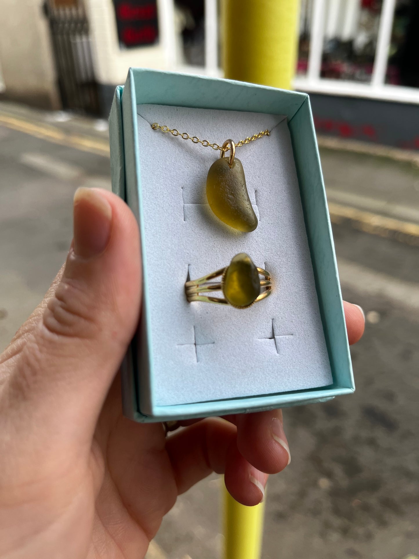 Whitby Sea Glass pendant with matching ring on gold-plated (Olive)