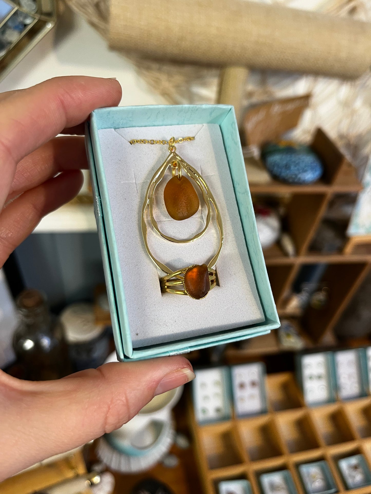 Whitby Sea Glass on gold-plated ripple pendant with matching ring (Burnt Umber)