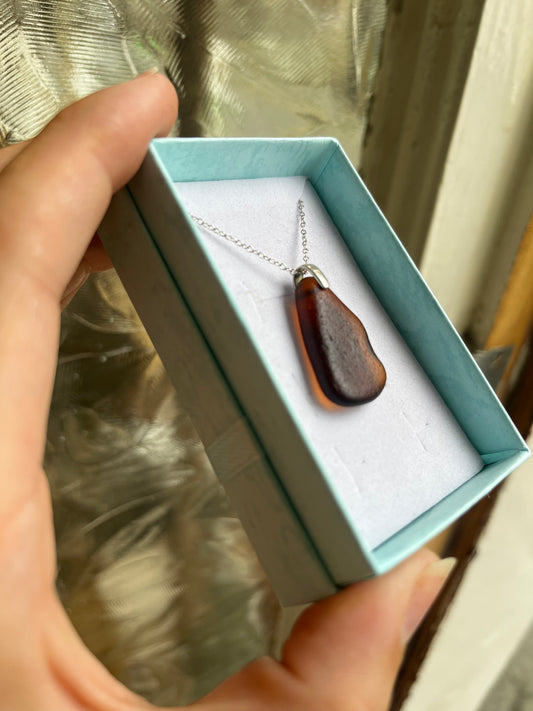 Whitby Sea Glass Pendant on Silver Chain (Burnt Umber/Brown)