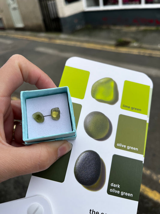 Whitby Sea Glass Studs on Silver (Olive Green)