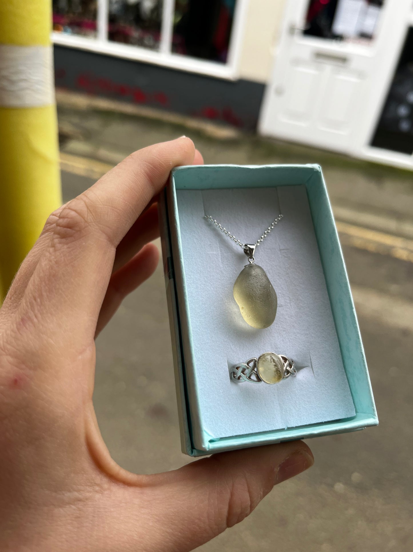 Whitby Sea Glass pendant and matching ring on silver (Rare Champagne set)