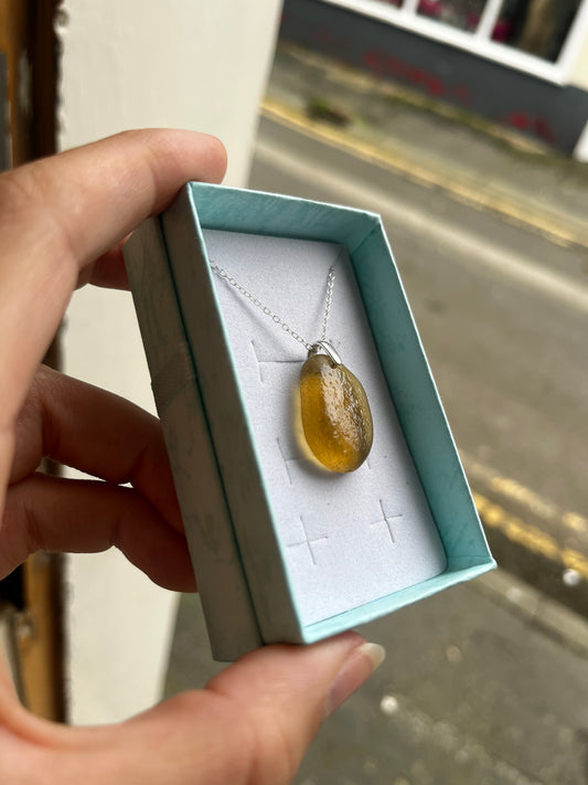 Whitby Sea Glass Pendant on Silver Chain (Honey Yellow)