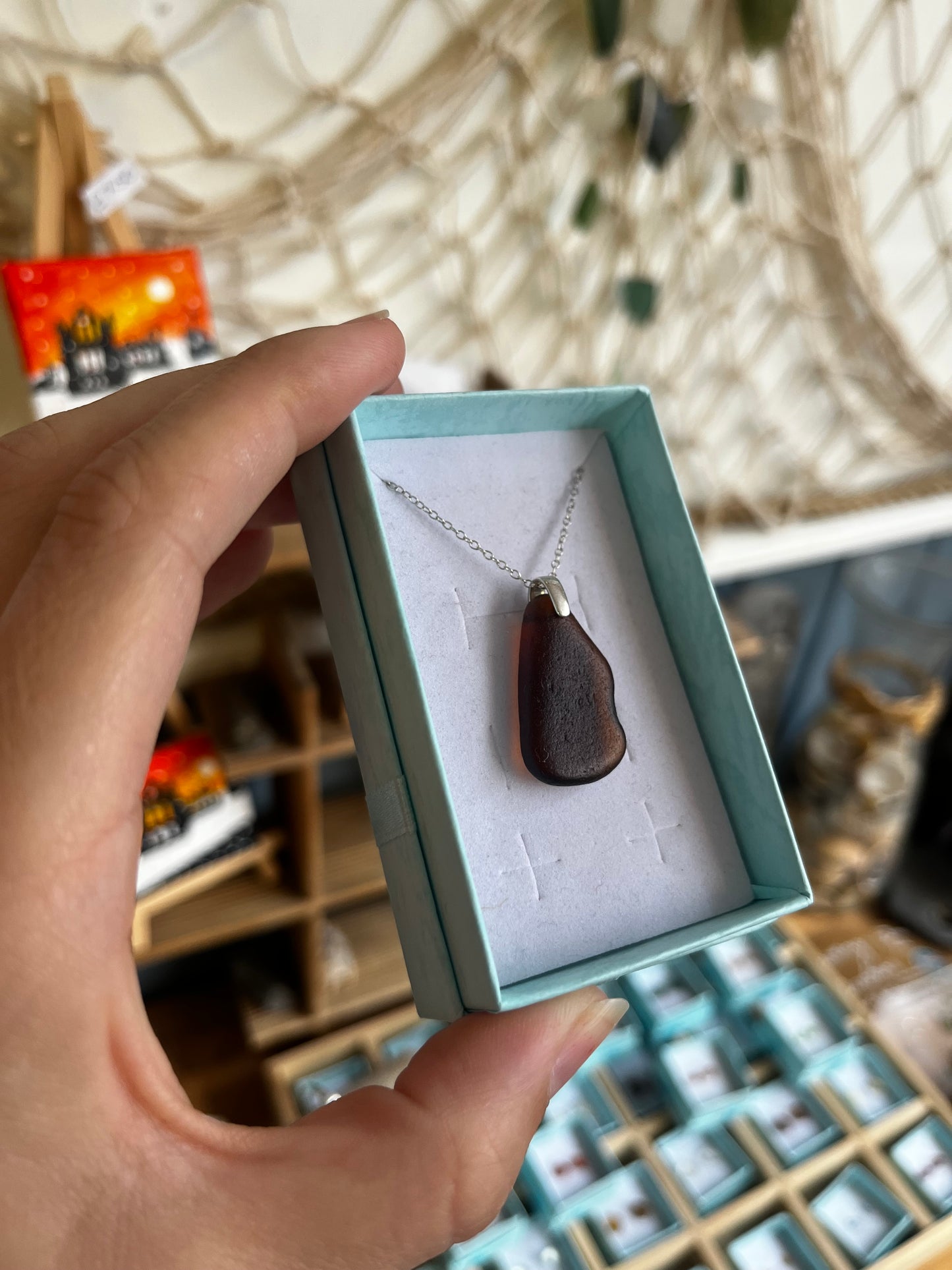 Whitby Sea Glass Pendant on Silver Chain (Burnt Umber/Brown)