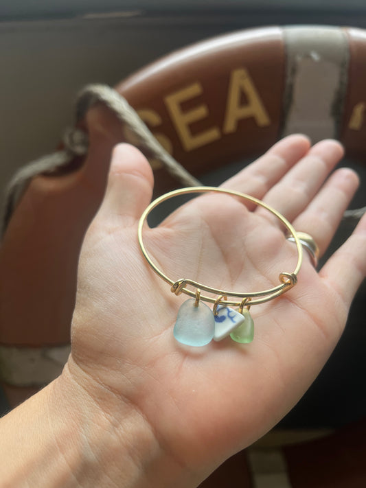 Whitby Sea Glass charms on Gold-Plated Bangle (mix)