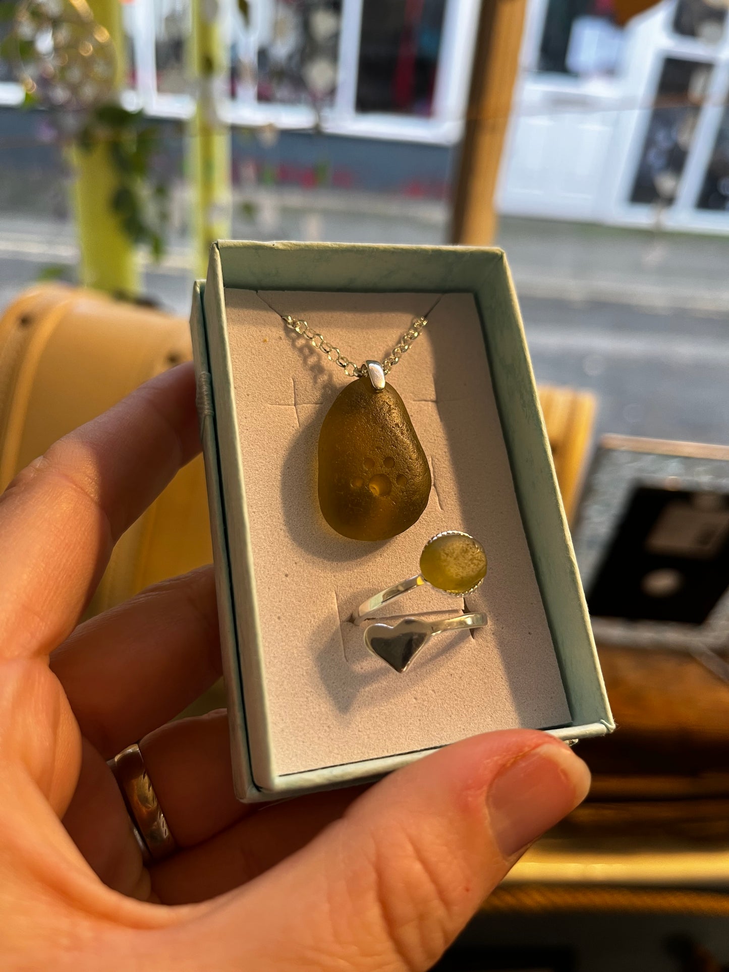 Whitby Sea Glass paw pendant on silver with matching heart ring (Olive)