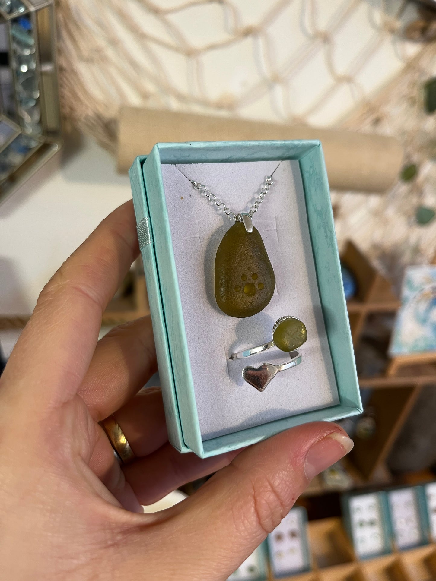 Whitby Sea Glass paw pendant on silver with matching heart ring (Olive)