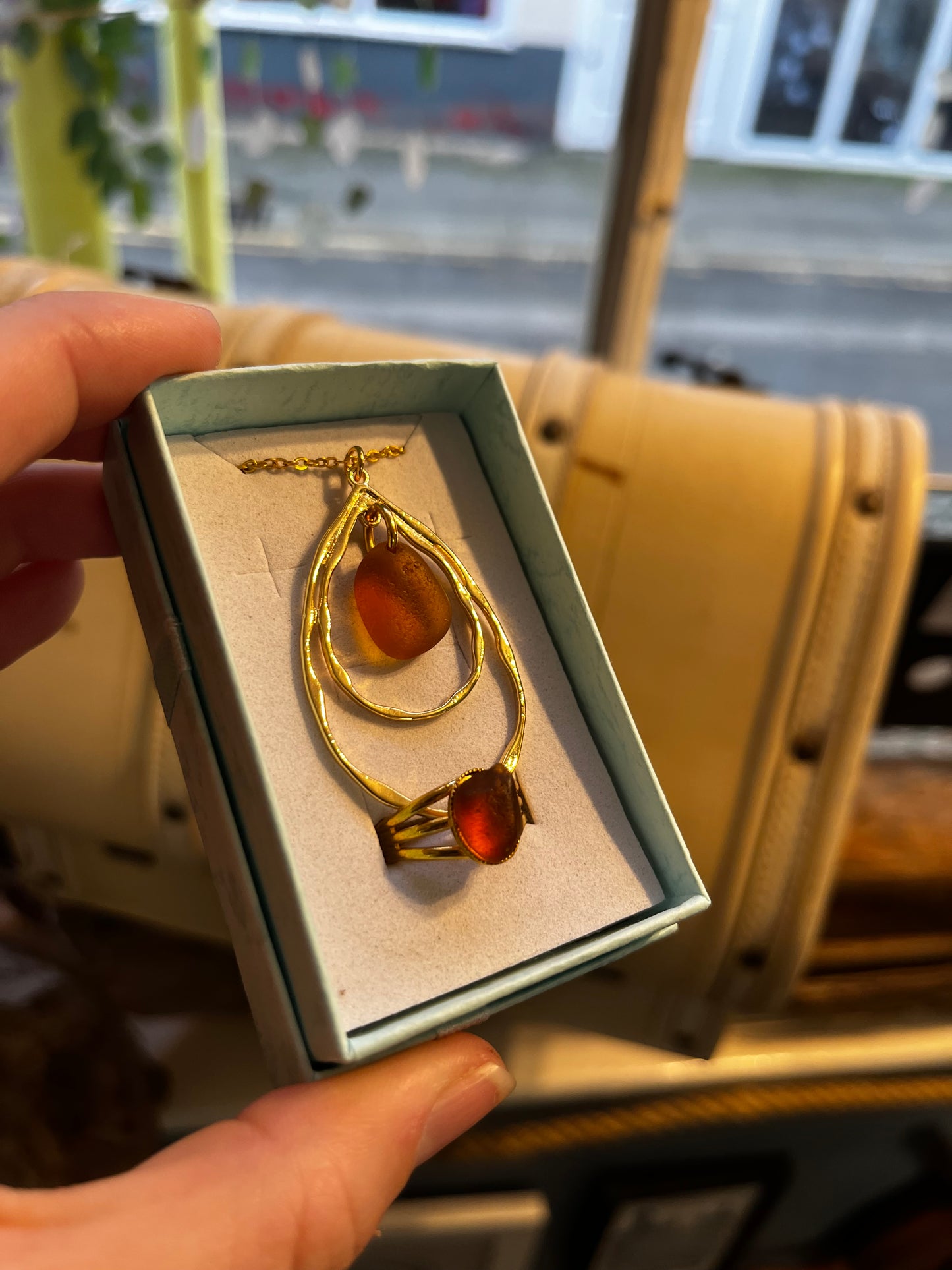 Whitby Sea Glass on gold-plated ripple pendant with matching ring (Burnt Umber)