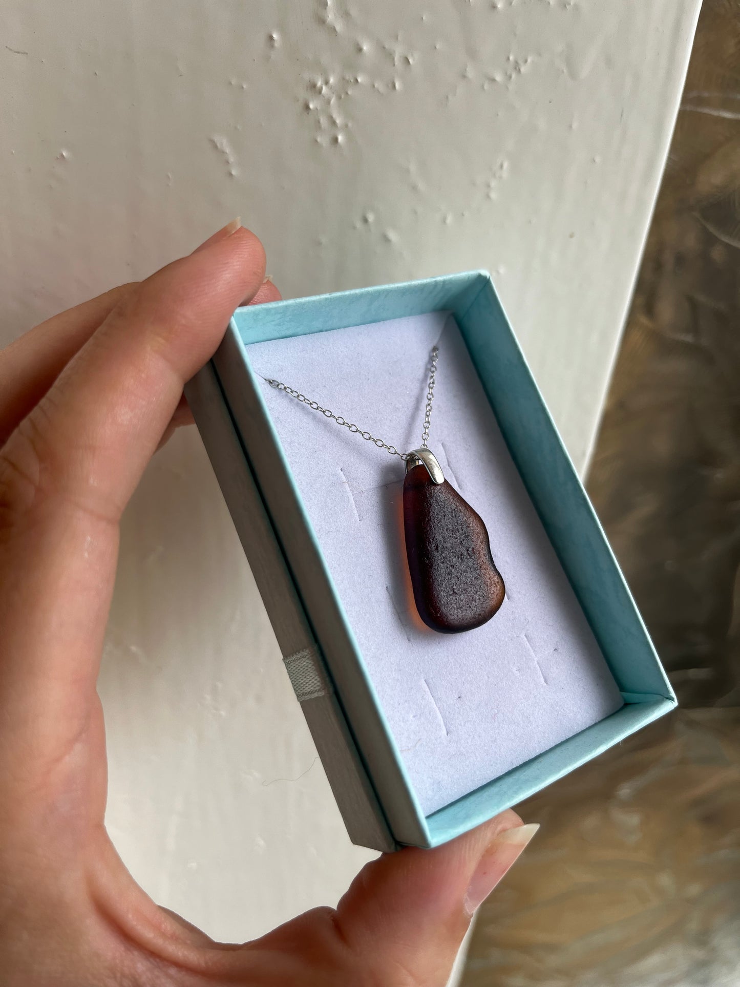 Whitby Sea Glass Pendant on Silver Chain (Burnt Umber/Brown)